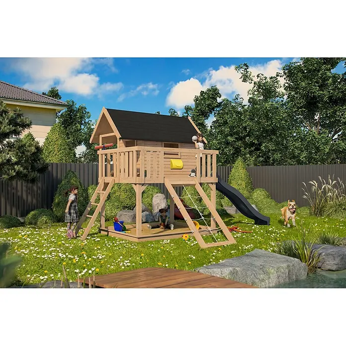 Karibu Spielhaus Set Fidel 24 - L x B x H: 243 x 198 x 329,5 cm, Holz, Naturbelassen - Hölzernes Spielhaus mit schwarzem Dach, Rutsche, Leiter und Kletternetz, in einem grünen Garten mit spielenden Kindern.