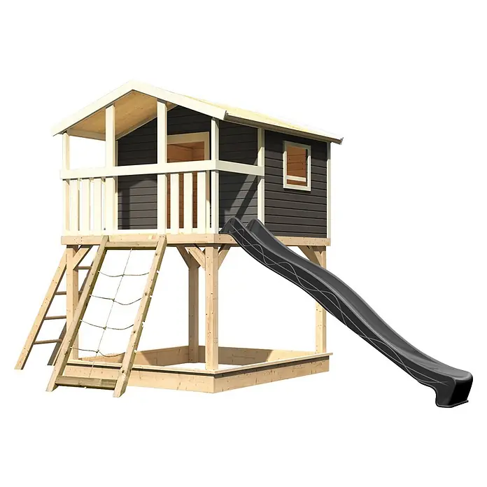 Karibu Spielhaus Benjamin Set 23 - L x B x H: 244 x 198 x 309 cm, Holz, Terragrau - Hölzernes Spielhaus mit dunkelgrauen Wänden, Naturholzverkleidung, Leiter, Kletternetz, Sandkasten und schwarzer Rutsche.