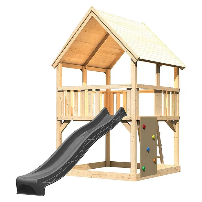 Karibu Kinderspielturm Set Luis 34 - L x B x H: 200 x 200 x 345 cm, Holz, Naturbelassen - Spielturm aus Holz mit grauer Rutsche und Kletterwand.