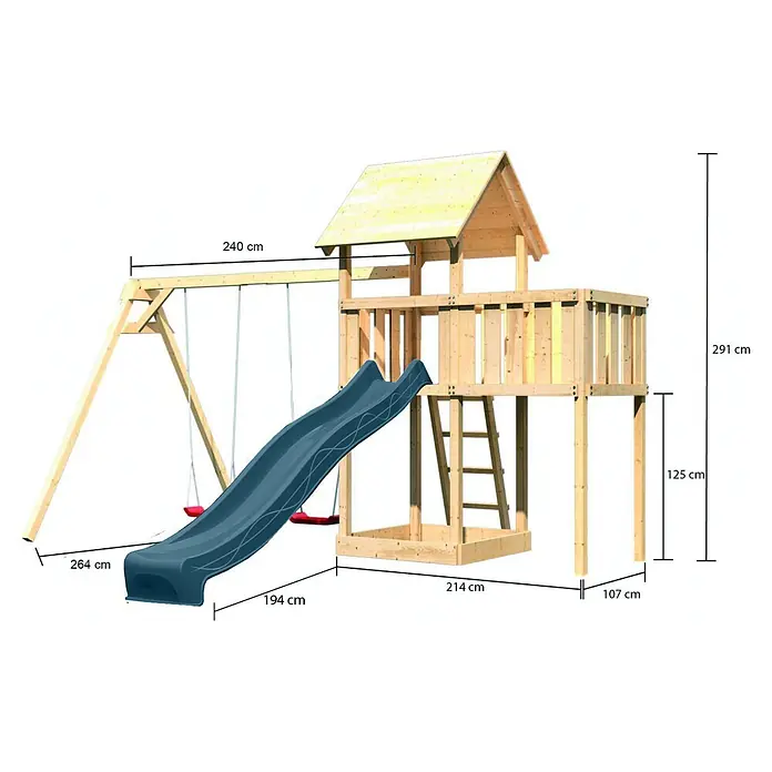 Karibu Kinderspielturm Set Lotti 65 - L x B x H: 107 x 107 x 291 cm, Holz, Naturbelassen - Holzspielplatz mit blauer Rutsche, zwei Schaukeln und Spielturm (H 291 cm, Plattform H 125 cm). Maße angegeben.