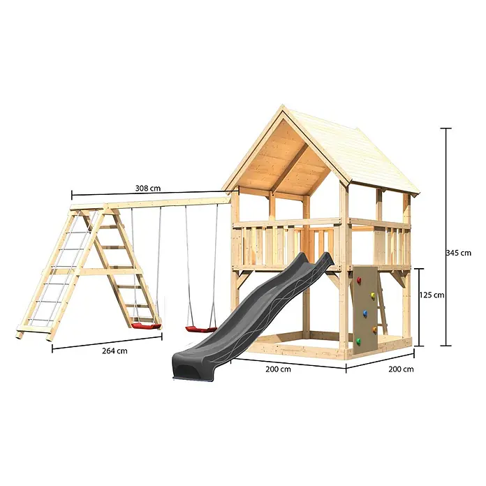 Karibu Kinderspielturm Set Luis 28 - L x B x H: 200 x 200 x 345 cm, Holz, Naturbelassen - Hölzerner Spielplatz mit Haus, Rutsche, zwei Schaukeln und Kletterwand, für Kinder im Freien.