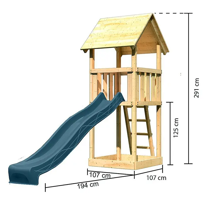 Karibu Kinderspielturm Set Lotti 56 - L x B x H: 107 x 107 x 291 cm, Holz, Naturbelassen - Hölzerner Gartenspielturm für Kinder mit blauer Rutsche.