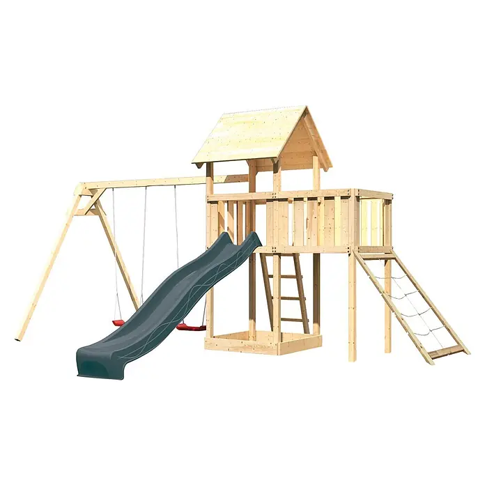 Karibu Kinderspielturm Set Lotti 69 - L x B x H: 107 x 107 x 291 cm, Holz, Naturbelassen - Hölzerner Spielturm aus hellem Holz mit dunkelgrauer Rutsche und zwei roten Schaukeln.