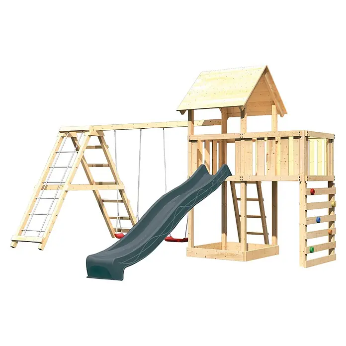 Karibu Kinderspielturm Set Lotti 70 - L x B x H: 107 x 107 x 291 cm, Holz, Naturbelassen - Hölzerner Kinderspielturm mit heller Holzstruktur, dunkler Rutsche, zwei roten Schaukeln und einer seitlichen Kletterwand mit bunten Griffen.