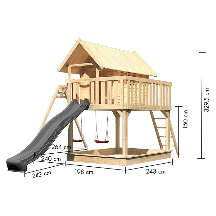 Karibu Spielhaus Set Fidel 23 - L x B x H: 243 x 198 x 329,5 cm, Holz, Naturbelassen - Hölzerner Spielturm mit erhöhtem Spielhaus, grauer Rutsche, zwei roten Schaukeln und Sandkasten, aus Naturholz.