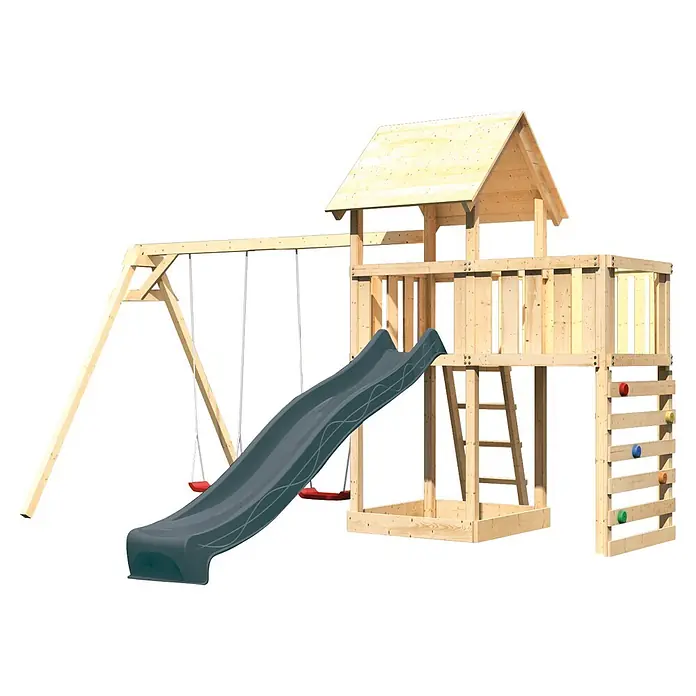 Karibu Kinderspielturm Set Lotti 68 - L x B x H: 107 x 107 x 291 cm, Holz, Naturbelassen - Hölzernes Spielgerüst mit Turm, dunkelgrauer Rutsche, Leiter, bunter Kletterwand und Schaukel mit roten Schaukeln.