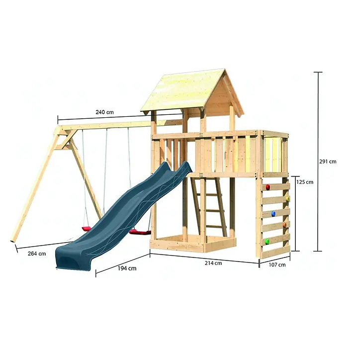 Karibu Kinderspielturm Set Lotti 68 - L x B x H: 107 x 107 x 291 cm, Holz, Naturbelassen - Hölzernes Kinderspielgerät mit blauer Rutsche, zwei Schaukeln, Kletterwand mit farbigen Griffen und Spielhaus.