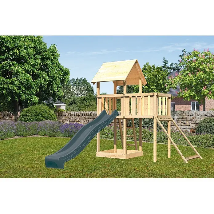 Karibu Kinderspielturm Set Lotti 72 - L x B x H: 107 x 107 x 291 cm, Holz, Naturbelassen - Hölzerner Kinderspielplatz mit dunkelgrauer Rutsche und Kletterleiter.