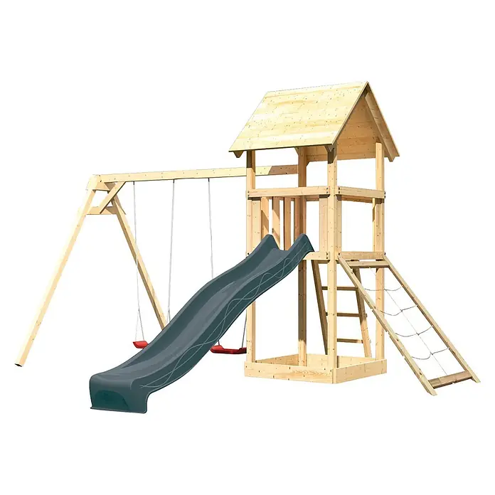 Karibu Kinderspielturm Set Lotti 62 - L x B x H: 107 x 107 x 291 cm, Holz, Naturbelassen - Spielplatz aus Holz mit Turm, Rutsche und Schaukeln für Kinder.