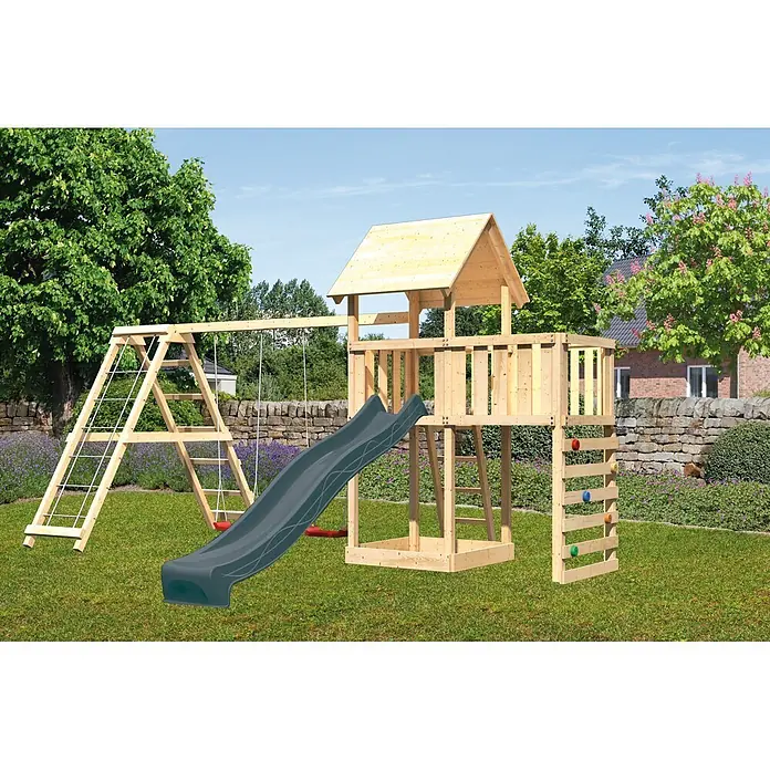 Karibu Kinderspielturm Set Lotti 70 - L x B x H: 107 x 107 x 291 cm, Holz, Naturbelassen - Hölzerner Spielplatz mit dunkelgrauer Rutsche, Schaukeln und Kletterwand.