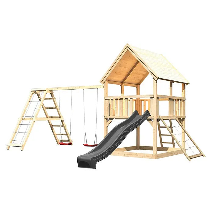 Karibu Kinderspielturm Set Luis 32 - L x B x H: 200 x 200 x 345 cm, Holz, Naturbelassen - Hölzerner Spielplatz mit grauer Rutsche, zwei roten Schaukeln und Kletterleitern.