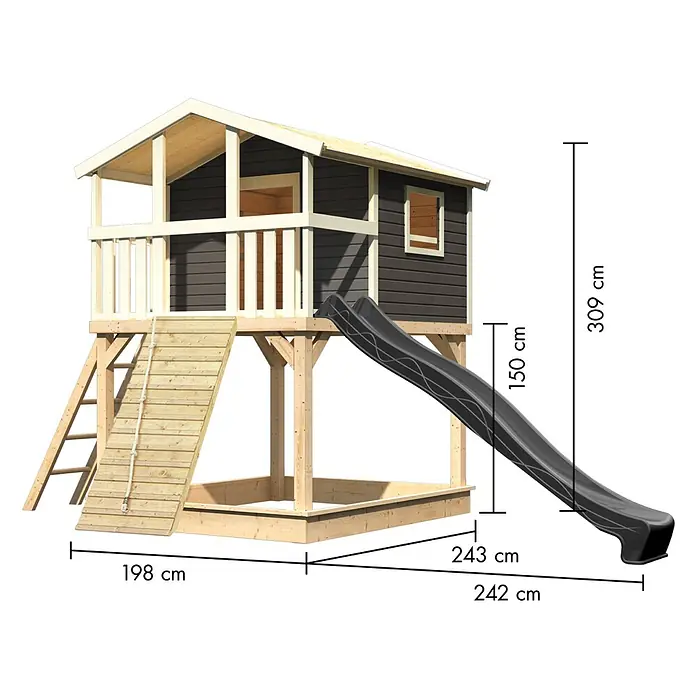 Karibu Spielhaus Benjamin Set 24 - L x B x H: 244 x 198 x 309 cm, Holz, Terragrau - Dunkelgraues Holzspielhaus auf Stelzen mit natürlicher Kletterrampe, schwarzer Rutsche und Sandkasten für draußen.