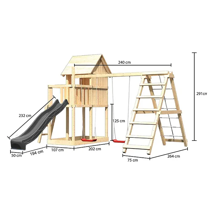 Karibu Spielhaus Set Frieda 66 - L x B x H: 107 x 107 x 291 cm, Holz, Naturbelassen - Hölzernes Spielplatz-Set mit Rutsche, Schaukeln und Klettergerüst.