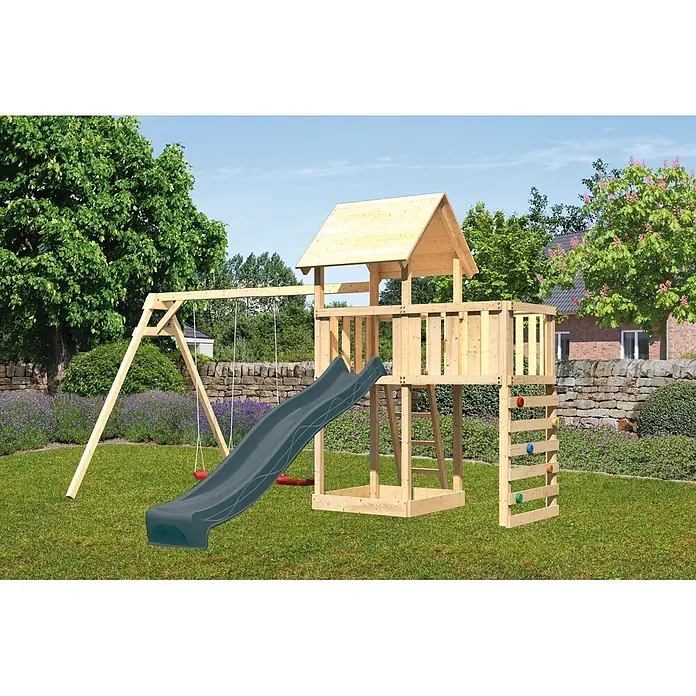 Karibu Kinderspielturm Set Lotti 68 - L x B x H: 107 x 107 x 291 cm, Holz, Naturbelassen - Großes Holzspielhaus mit dunkelgrauer Rutsche, zwei roten Schaukeln und bunter Kletterwand.