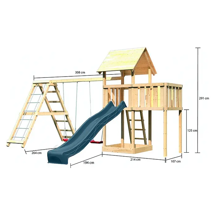 Karibu Kinderspielturm Set Lotti 66 - L x B x H: 107 x 107 x 291 cm, Holz, Naturbelassen - Hölzerner Spielplatz mit blauer Rutsche und zwei Schaukeln.