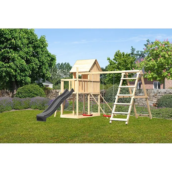 Karibu Spielhaus Set Frieda 64 - L x B x H: 107 x 107 x 291 cm, Holz, Naturbelassen - Hölzerner Spielturm mit schwarzer Rutsche und zwei roten Schaukeln.