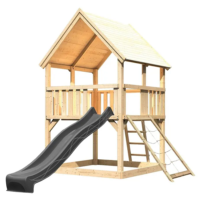 Karibu Kinderspielturm Set Luis 33 - L x B x H: 200 x 200 x 345 cm, Holz, Naturbelassen - Holzspielturm mit hoher Plattform, A-Dach, dunkelgrauer Rutsche und Kletternetzleiter.