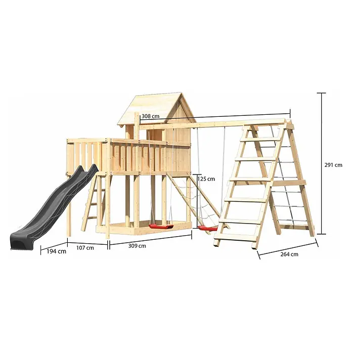 Karibu Spielhaus Set Frieda 60 - L x B x H: 107 x 107 x 291 cm, Holz, Naturbelassen - Hölzerner Kinderspielplatz mit Haus, schwarzer Rutsche, zwei roten Schaukeln und Kletterleiter. Maße angegeben.
