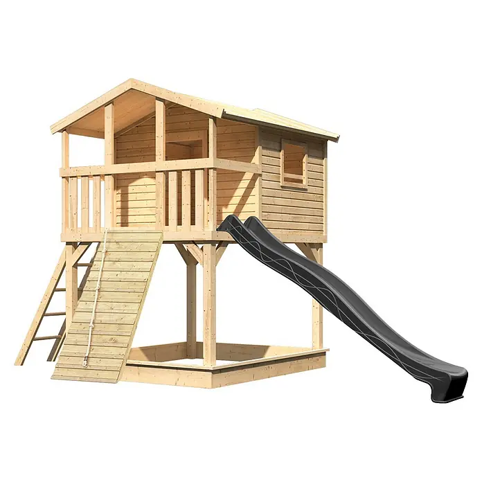 Karibu Spielhaus Benjamin Set 22 - L x B x H: 244 x 198 x 309 cm, Holz, Naturbelassen - Holzspielhaus mit erhöhter Kabine, schwarzer Rutsche und Sandkasten.