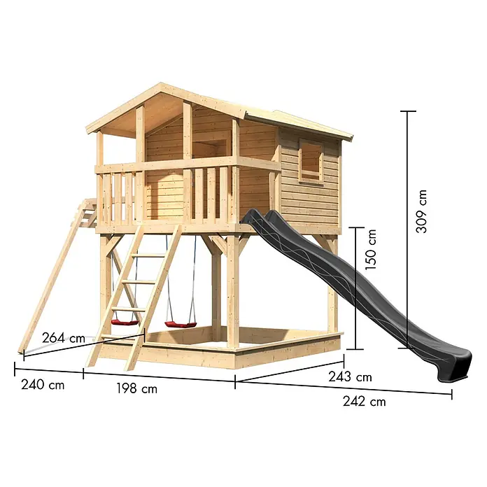 Karibu Spielhaus Benjamin Set 25 - L x B x H: 244 x 198 x 309 cm, Holz, Naturbelassen - Holzspielhaus mit Rutsche, zwei Schaukeln, Sandkasten und Leiter. Erhöhtes Design mit Satteldach.