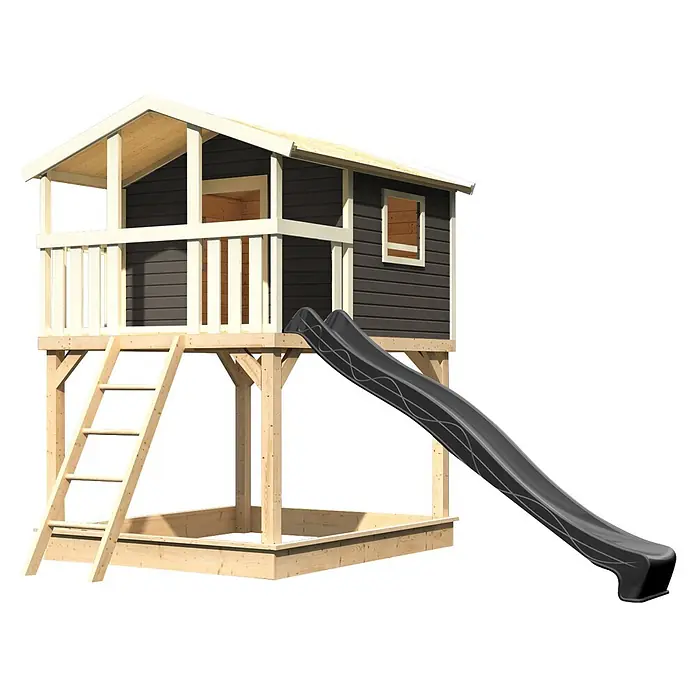 Karibu Spielhaus Benjamin Set 19 - L x B x H: 244 x 198 x 309 cm, Holz, Terragrau - Hölzernes Spielhaus auf Stelzen mit dunkelgrauen Wänden, Naturholzrahmen, Leiter, Sandkastenbasis und schwarzer Rutsche.