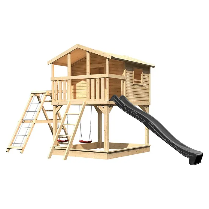 Karibu Spielhaus Benjamin Set 28 - L x B x H: 244 x 198 x 309 cm, Holz, Naturbelassen - Erhöhtes Holzspielhaus mit Rutsche, zwei Leitern, zwei roten Schaukeln und Sandkastenbereich.
