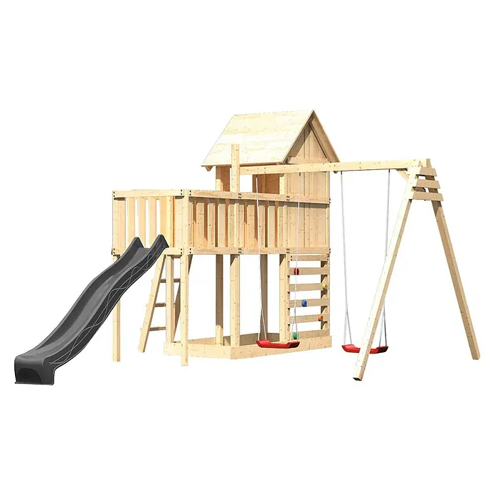 Karibu Spielhaus Set Frieda 61 - L x B x H: 107 x 107 x 291 cm, Holz, Naturbelassen - Hölzernes Spielgerüst mit dunkelgrauer Rutsche, zwei roten Schaukeln und einem Spielhaus.