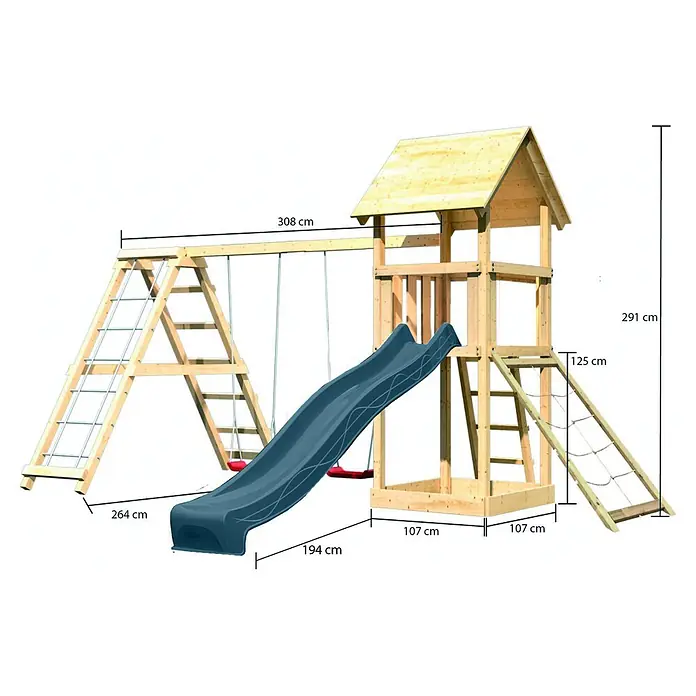 Karibu Kinderspielturm Set Lotti 63 - L x B x H: 107 x 107 x 291 cm, Holz, Naturbelassen - Hölzerner Outdoor-Spielplatz mit blauer Rutsche, zwei Schaukeln, Kletterleiter und Turm. Aus Naturholz und blauem Kunststoff.