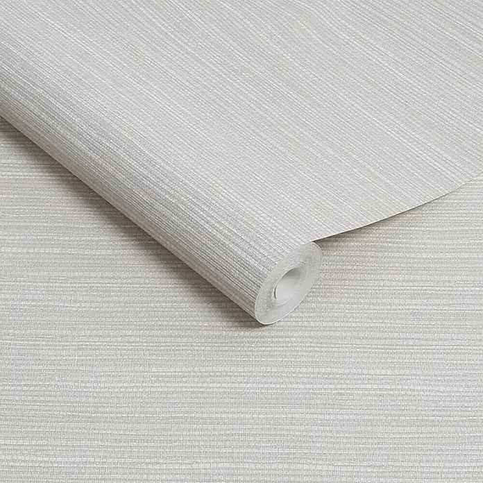 Papel pintado de vinilo Japonés - Blanco, Motivo decorativo, 10 x 0,53 m - Rollo de papel pintado texturizado gris claro, parcialmente desenrollado, mostrando un sutil patrón lineal para pared.