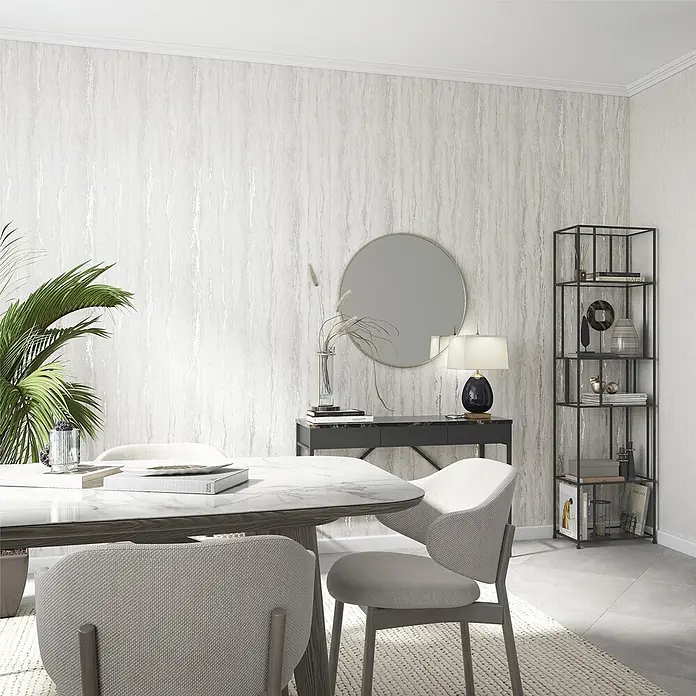 Marburg Papel pintado de vinilo - Gris, Efecto cemento, 10 x 0,53 m - Papel pintado texturizado gris claro con patrón de rayas, realzando un comedor moderno.