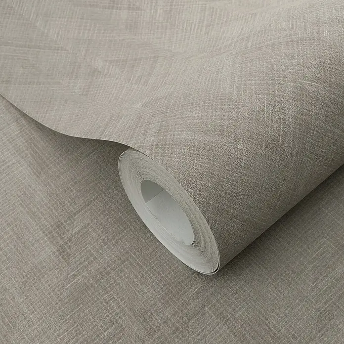 Erismann Papel pintado de vinilo - Marrón, Gráfico, 10 x 0,53 m - Rollo de papel pintado gris beige con patrón texturizado de efecto lino, parcialmente desenrollado.