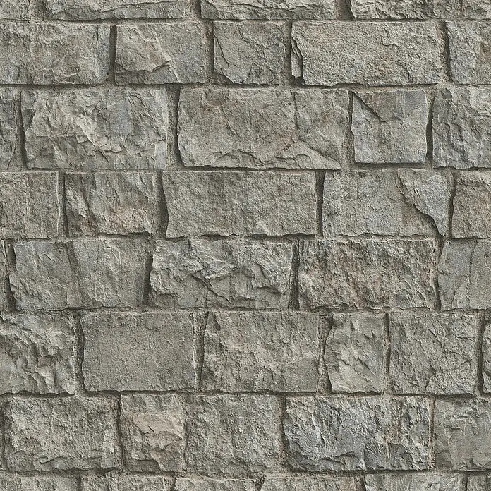 Erismann Papel pintado de vinilo - Gris, Efecto piedra, 10 x 0,53 m - Muro de piedra gris rústica con bloques rectangulares variados y mortero oscuro.
