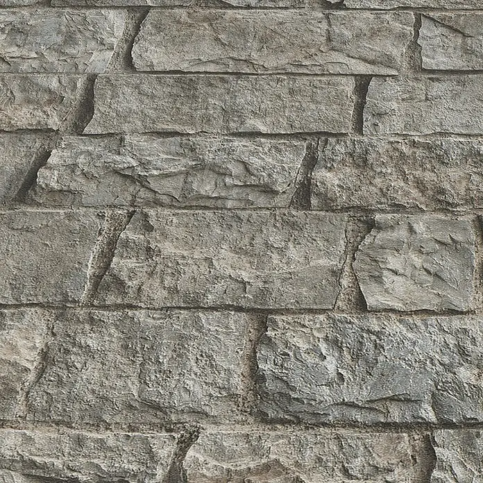 Erismann Papel pintado de vinilo - Gris, Efecto piedra, 10 x 0,53 m - Pared de piedra gris texturizada con bloques ásperos e irregulares y juntas oscuras.