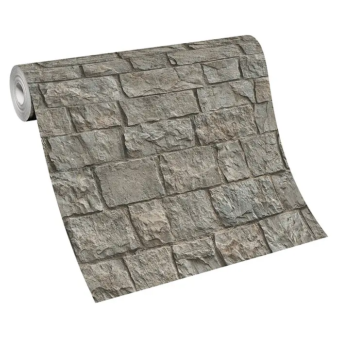 Erismann Papel pintado de vinilo - Gris, Efecto piedra, 10 x 0,53 m - Rollo de papel pintado con patrón de ladrillo de piedra gris.