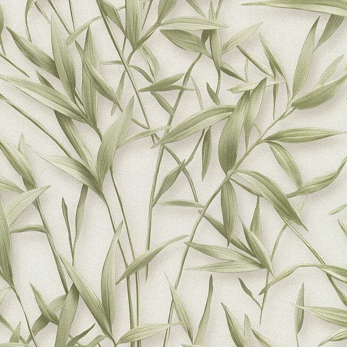 Erismann Papel pintado de vinilo Bambú - Verde/Beige, Floral, 10 x 0,53 m - Patrón de hojas de bambú verdes sobre una superficie texturizada clara.