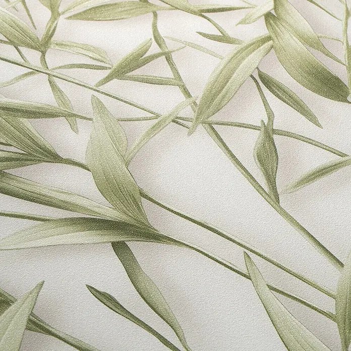 Erismann Papel pintado de vinilo Bambú - Verde/Beige, Floral, 10 x 0,53 m - Papel pintado claro con patrón de hojas y tallos verdes delicados, con textura brillante sutil.