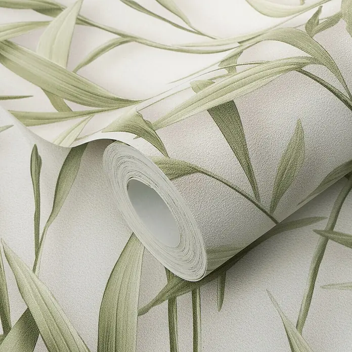 Erismann Papel pintado de vinilo Bambú - Verde/Beige, Floral, 10 x 0,53 m - Rollo de papel pintado texturizado con un patrón de hojas verdes sobre fondo claro.