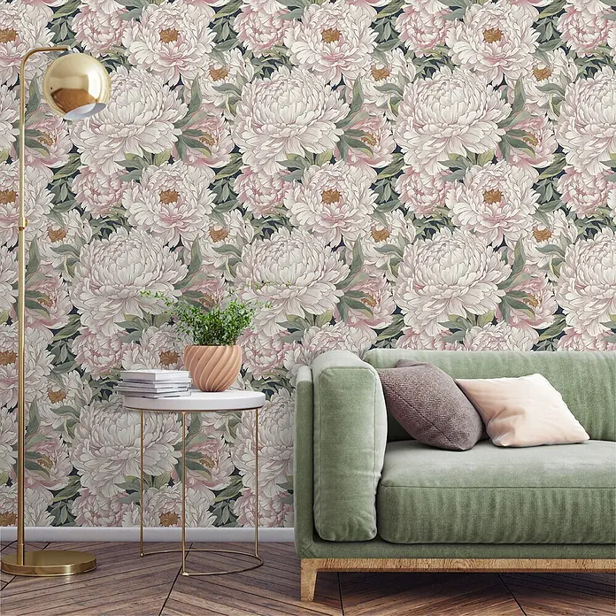 Grandeco Papel pintado de vinilo - Rosa/Verde, Floral, 10 x 0,53 m - Papel pintado con grandes peonías rosa claro sobre fondo oscuro, decorando un salón moderno.