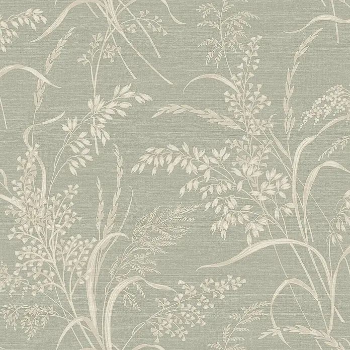 Grandeco Papel pintado de vinilo - Verde, Floral, 10 x 0,53 m - Patrón de papel pintado beige claro con elegantes motivos botánicos de hierbas y cereales.
