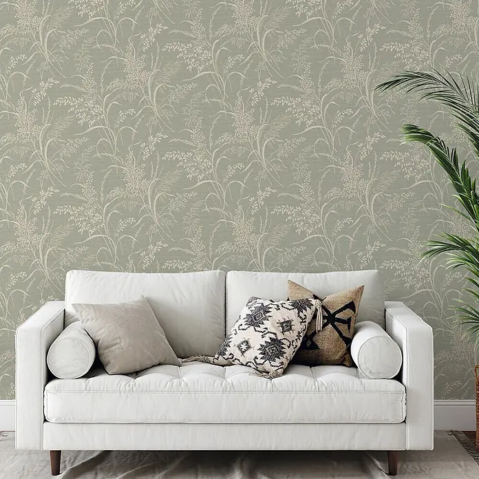 Grandeco Papel pintado de vinilo - Verde, Floral, 10 x 0,53 m - Papel pintado verde claro con un delicado patrón de tallos de hierba y cereales beige claro.