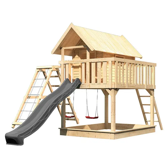Karibu Spielhaus Set Fidel 27 - L x B x H: 243 x 198 x 329,5 cm, Holz, Naturbelassen - Hölzerner Spielplatz mit Spielhaus, grauer Rutsche, roten Schaukeln und integriertem Sandkasten.