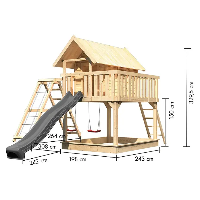 Karibu Spielhaus Set Fidel 27 - L x B x H: 243 x 198 x 329,5 cm, Holz, Naturbelassen - Hölzerner Spielturm mit Haus, grauer Rutsche, roten Schaukeln und integriertem Sandkasten.