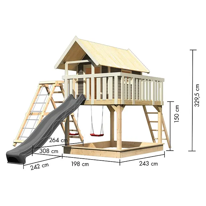 Karibu Spielhaus Set Fidel 28 - L x B x H: 243 x 198 x 329,5 cm, Holz, Terragrau - Hölzernes Kinderspielhaus mit erhöhter Kabine, grauer Rutsche, zwei roten Schaukeln und Sandkasten.