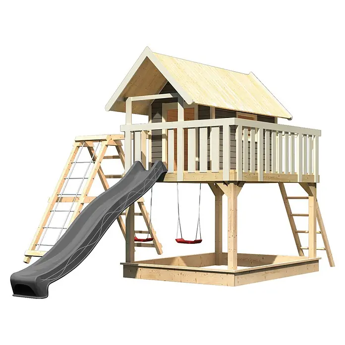 Karibu Spielhaus Set Fidel 28 - L x B x H: 243 x 198 x 329,5 cm, Holz, Terragrau - Hölzerner Spielplatz mit erhöhtem Spielhaus, grauer Rutsche, zwei roten Schaukeln und integriertem Sandkasten.