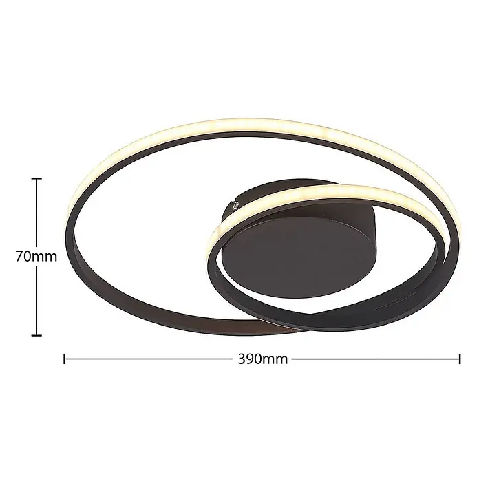 Lindby Deckenleuchte Emisua - schwarz - Moderne dunkelgraue LED-Deckenleuchte mit zwei überlappenden ovalen Ringen, die warmweißes Licht abgeben. 390 mm breit, 70 mm hoch.