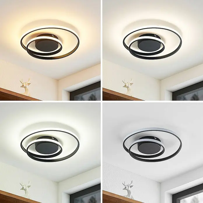 Lindby Deckenleuchte Emisua - schwarz - Schwarze LED-Deckenleuchte im Spiraldesign, gezeigt in warmweiß, neutralweiß, kaltweiß und ausgeschaltet.