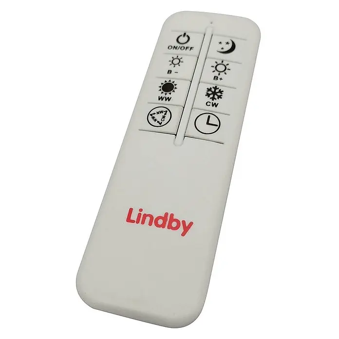 Lindby Deckenleuchte Emisua - schwarz - Weiße Lindby Fernbedienung mit schwarzen Funktionssymbolen und rotem 'Lindby'-Schriftzug zur Lichtsteuerung, inklusive Ein/Aus, Helligkeit, Farbtemperatur und Timer.