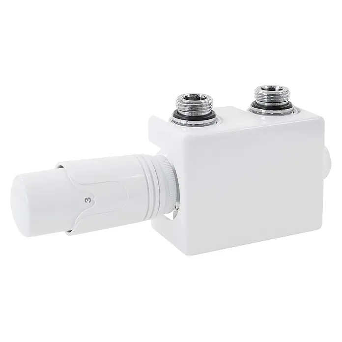 LuxeBath Thermostatventil Weiß Universal Eck-Durchgangsform + Thermostatkopf - Durchgangsventil - Weißes Thermostat-Heizkörperventil mit Drehknopf und zwei verchromten Gewindeanschlüssen.