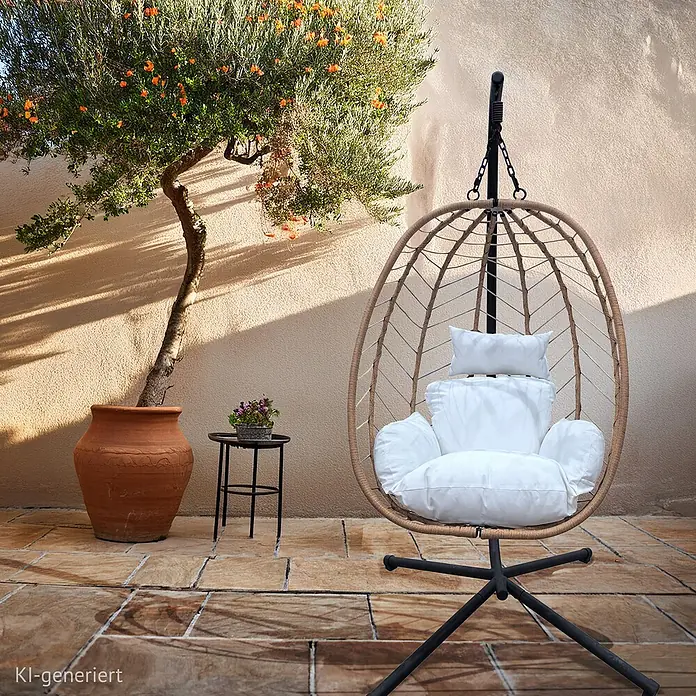 SVITA Hängesessel SHELLY - L x B x H: 95 x 95 x 195 cm, Metall, Natur - Ein hellbrauner Hängesessel in Ei-Form aus Korbgeflecht mit weißen Kissen, der an einem schwarzen Metallgestell auf einer sonnigen Terrasse hängt.