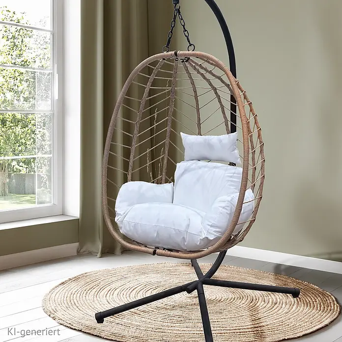 SVITA Hängesessel SHELLY - L x B x H: 95 x 95 x 195 cm, Metall, Natur - Rattanschaukelstuhl mit weißen Kissen und schwarzem Metallgestell, auf einem runden Juteteppich in einem hellen Raum.